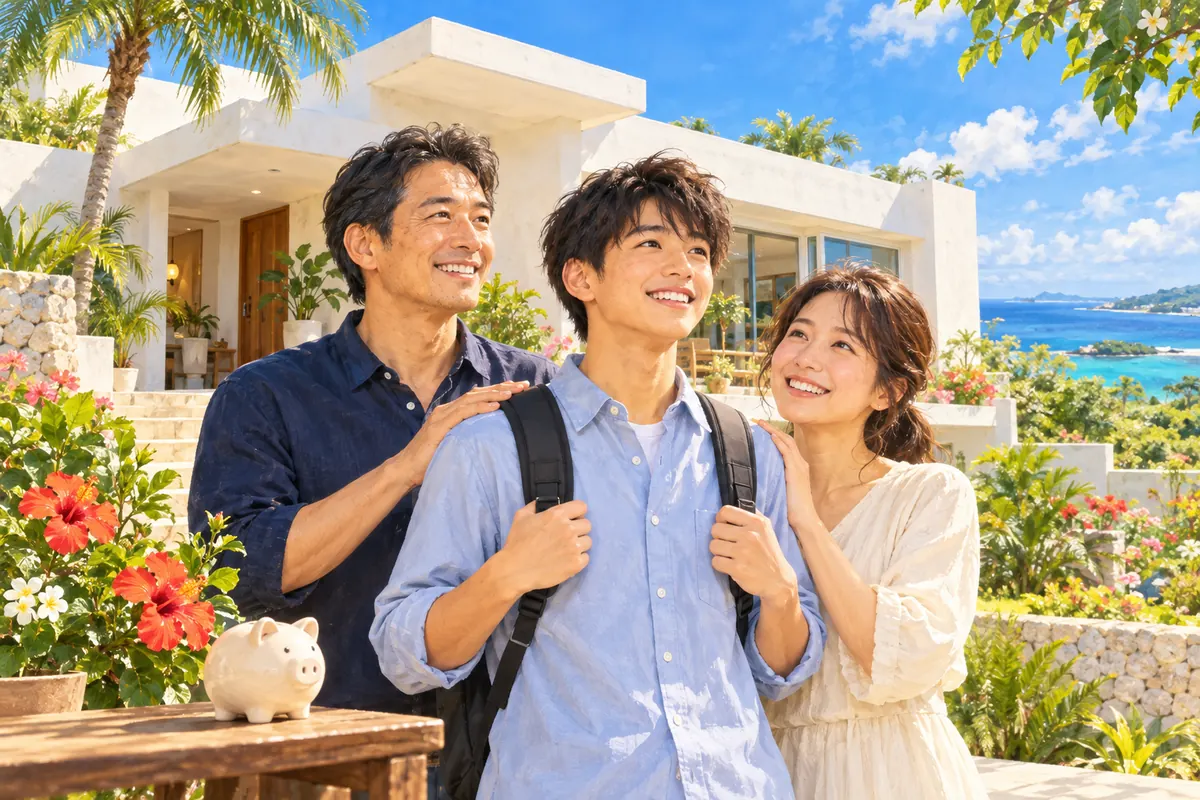 リノベーションした沖縄の家の前で、大学進学を控えた息子と両親が笑顔で並んでいる様子