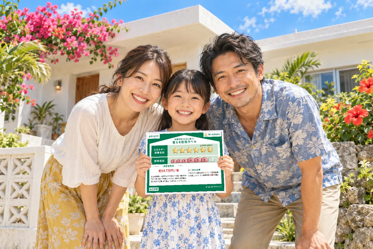 リノベーションした沖縄の家の前で、省エネ性能ラベルを子どもが持ち、両親と笑顔で喜んでいる様子