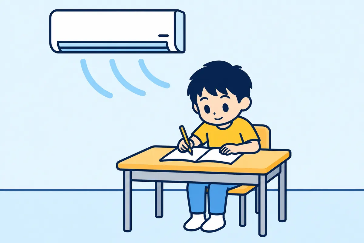 エアコンで涼しくした部屋で、子どもが集中して勉強する様子
