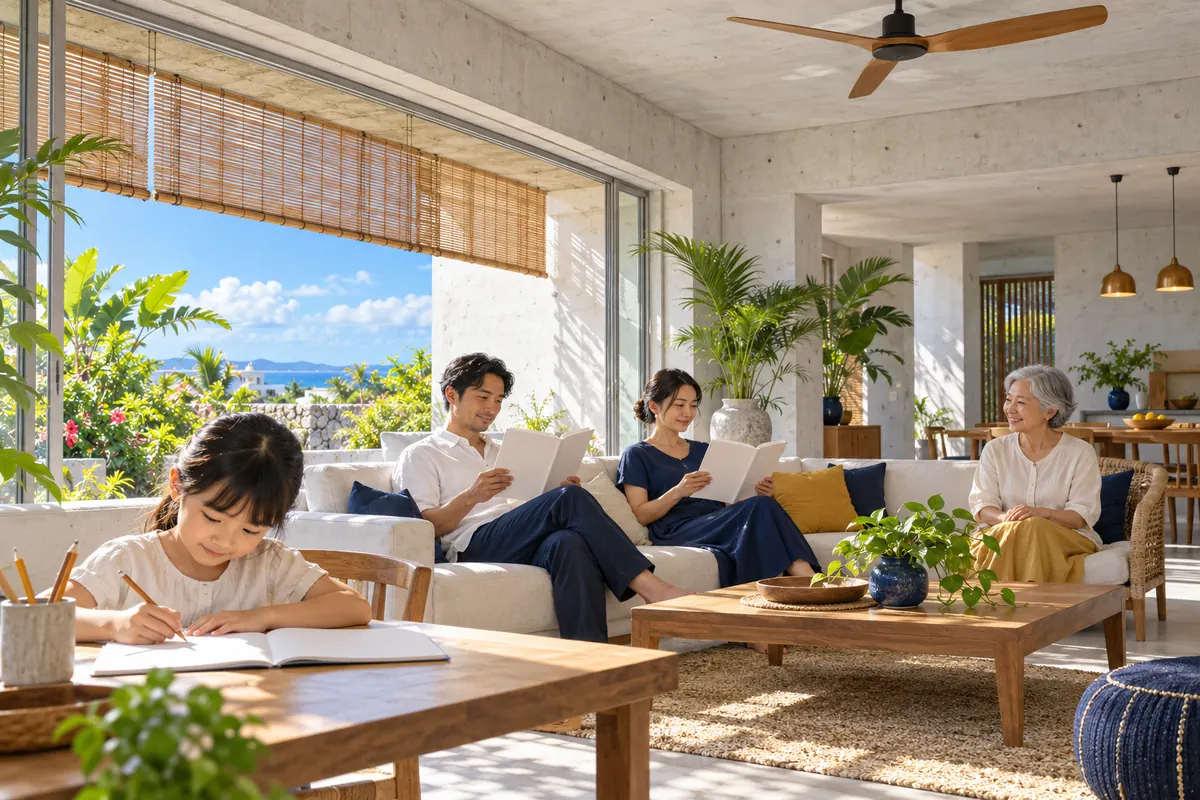 沖縄の夏、深い軒とすだれで日差しをさえぎった涼しい室内で、家族がくつろぎ、子どもが勉強している様子