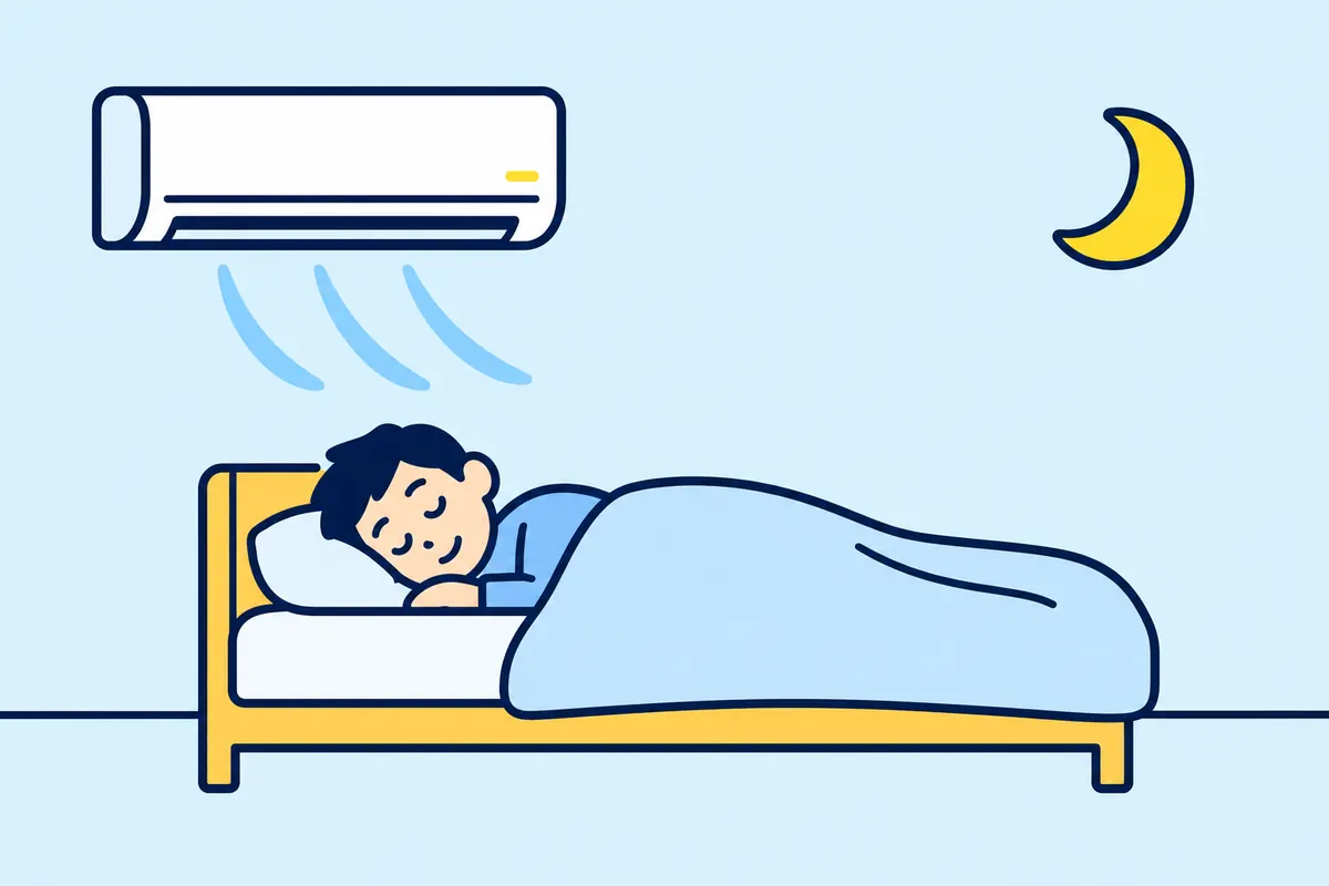 エアコンで涼しくした夜の寝室で、ぐっすり眠る様子