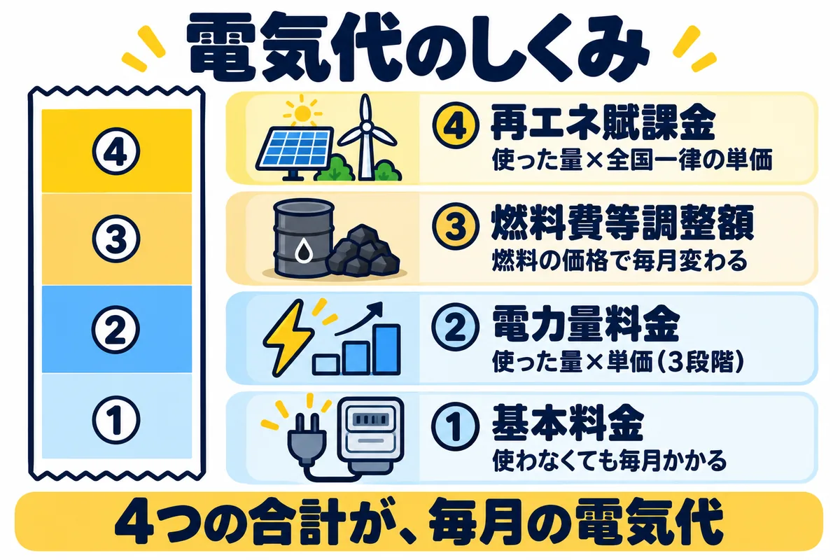 電気代のしくみ：①基本料金（使わなくても毎月かかる）、②電力量料金（使った量×単価、3段階）、③燃料費等調整額（燃料の価格で毎月変わる）、④再エネ賦課金（使った量×全国一律の単価）。4つの合計が毎月の電気代