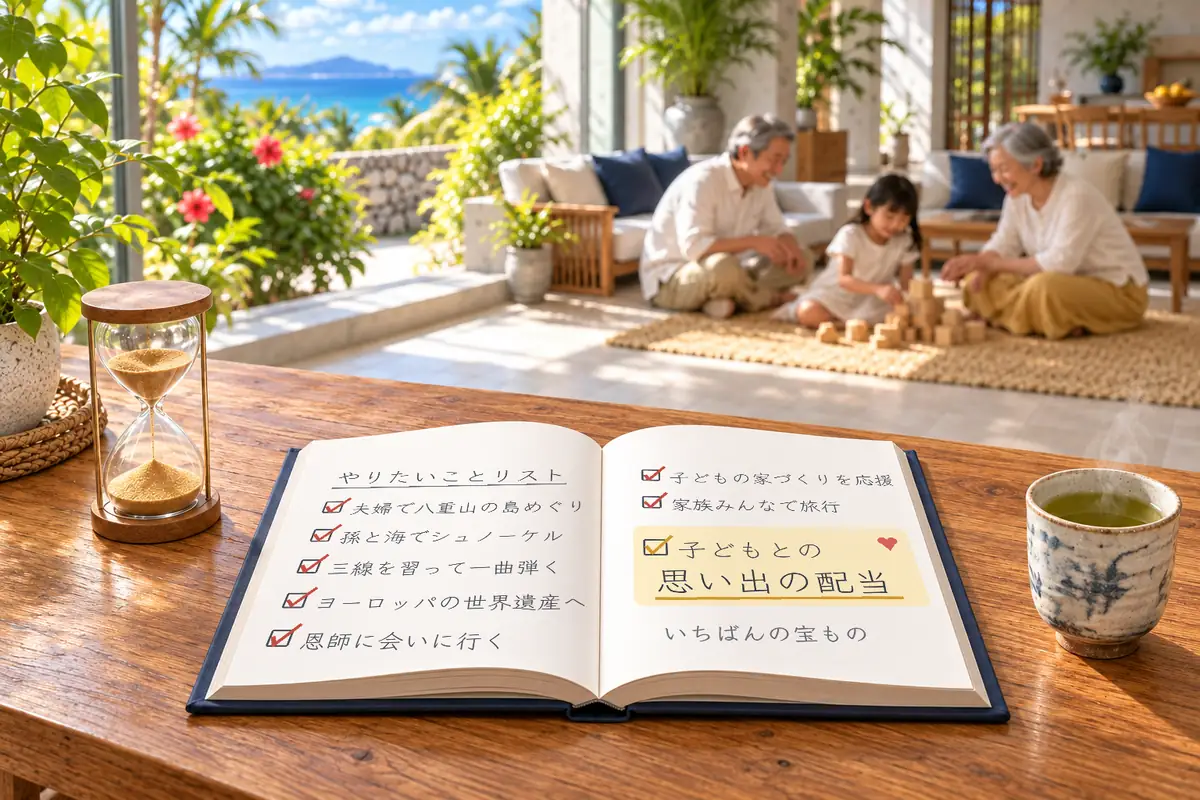 沖縄の住まいの窓辺のテーブルに開いた本と砂時計、湯のみ。本には「やりたいことリスト」が書かれ、夫婦で八重山の島めぐり、孫と海でシュノーケル、三線を習って一曲弾く、ヨーロッパの世界遺産へ、恩師に会いに行く、子どもの家づくりを応援、家族みんなで旅行にチェック。最後の「子どもとの思い出の配当」がいちばんの宝もの。奥では祖父母と孫が積み木で遊んでいる