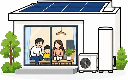 太陽光パネルとエコキュートのある家で、くつろぐ家族のイラスト