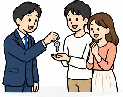 営業担当が若い夫婦に家の鍵を手渡すイラスト