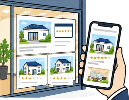 店頭の物件広告とスマートフォンの物件ページのイラスト。広告とスマホの画面に、省エネ性能ラベルの★が表示されている