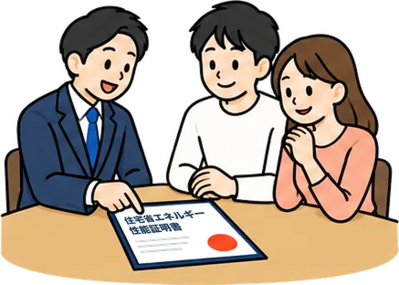 営業担当が「住宅省エネルギー性能証明書」を指して買主に説明するイラスト