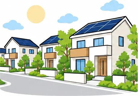 太陽光パネルのある省エネ住宅が並ぶ、未来の住宅街のイラスト