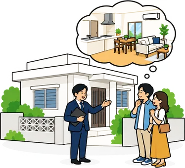 仲介のイラスト。不動産会社の担当者が中古住宅を若い夫婦に案内し、夫婦はリノベ後のきれいな室内（新しいキッチンとエアコン）を思い浮かべている