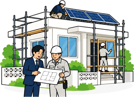 買取再販のイラスト。不動産会社の担当者が図面を手に職人と打ち合わせ、足場のかかった中古住宅で、窓の交換と屋上の太陽光パネルの工事をしている