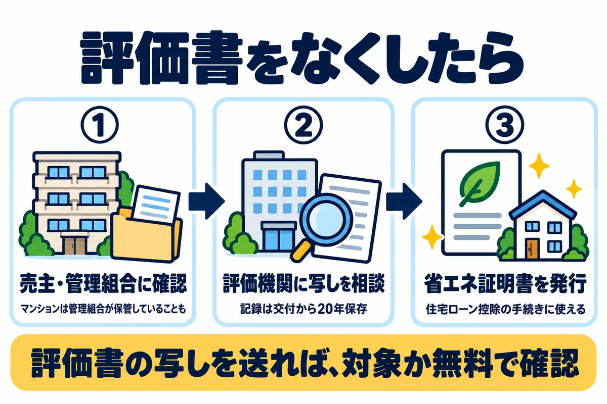 評価書をなくしたら：①売主・管理組合に確認（マンションは管理組合が保管していることも）、②評価機関に写しを相談（記録は交付から20年保存）、③省エネ証明書を発行（住宅ローン控除の手続きに使える）。評価書の写しを送れば、対象か無料で確認