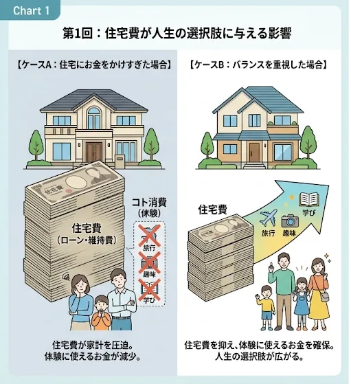 住宅費が人生の選択肢に与える影響。ケースA：住宅にお金をかけすぎると家計を圧迫し、体験に使うお金が減る。ケースB：住宅費を抑えると体験に使えるお金が増え、人生の選択肢が広がる