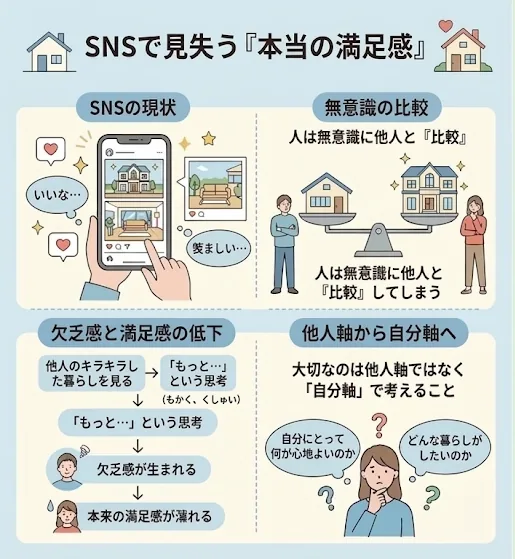 SNSで見失う「本当の満足感」。SNSの現状、無意識の比較、欠乏感と満足感の低下、他人軸から自分軸へ