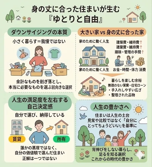身の丈に合った住まいが生む「ゆとりと自由」。ダウンサイジングの本質、大きい家と身の丈に合った家の比較、人生の満足度を左右する自己決定感、人生の豊かさへ