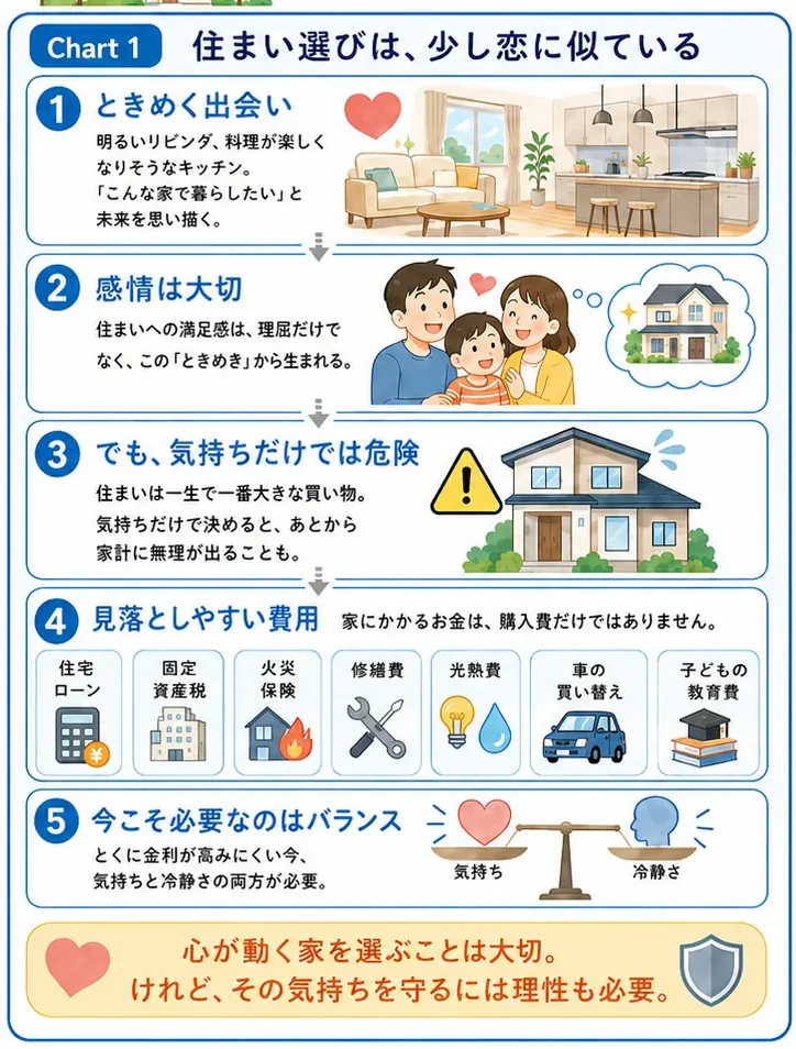 住まい選びは、少し恋に似ている。1 ときめく出会い、2 感情は大切、3 でも気持ちだけでは危険、4 見落としやすい費用、5 今こそ必要なのはバランス