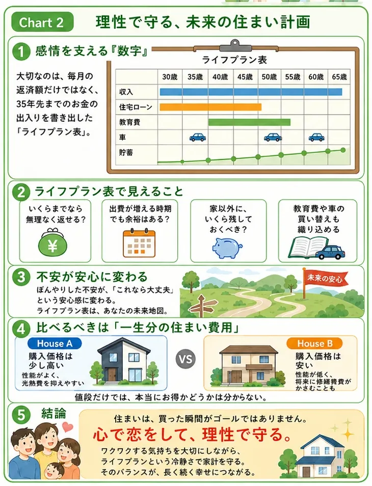 理性で守る、未来の住まい計画。1 感情を支える「数字」（ライフプラン表）、2 ライフプラン表で見えること、3 不安が安心に変わる、4 比べるべきは一生分の住まい費用、5 結論 心で恋をして、理性で守る