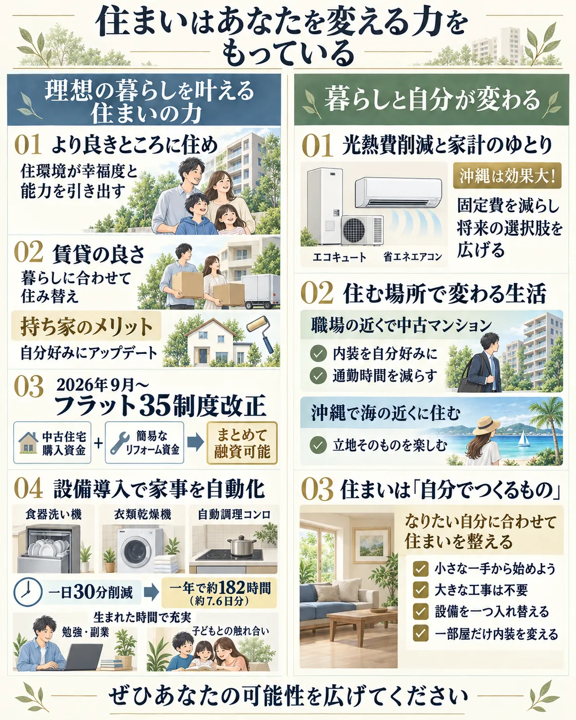 住まいはあなたを変える力をもっている｜より良きところに住め、持ち家は自分好みにアップデート、2026年9月からフラット35で中古住宅の購入資金と簡易なリフォーム資金をまとめて融資、家事を自動化する設備で一日30分・一年で約182時間、エコキュートや省エネエアコンで光熱費削減、住む場所で変わる生活、小さな一手から始めよう