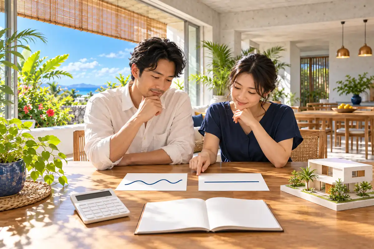 沖縄の住まいの明るいダイニングで、夫婦が変わる金利と変わらない金利のカードを見比べながら話し合っている様子