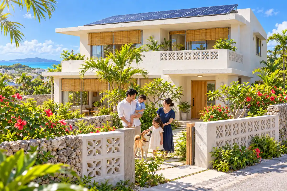 リノベーションを終え、屋上に太陽光パネルを載せた沖縄の鉄筋コンクリート造の住宅の前で、家族と柴犬が笑顔で過ごしている様子