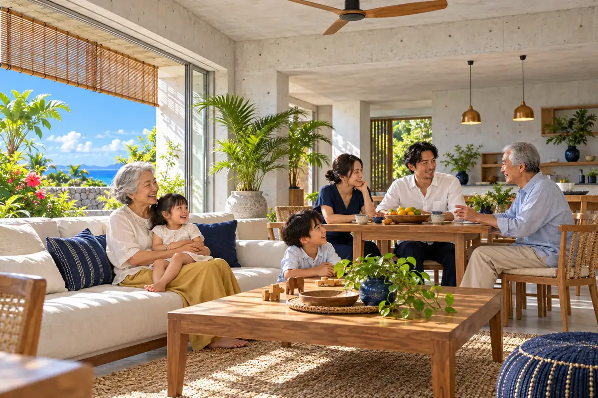 リノベーションした沖縄の住まいの明るいリビングで、祖父母と若い夫婦、子どもたちがくつろいでいる様子
