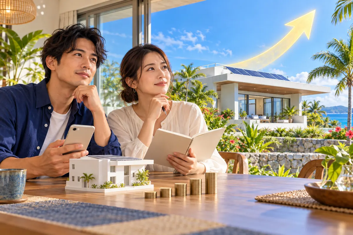 金利が上がる時代を表す右肩上がりの矢印の下で、夫婦が家計を考えている様子。テーブルには住宅の模型と階段状に積んだコイン、窓の外には太陽光発電をのせた沖縄の高性能な住まい