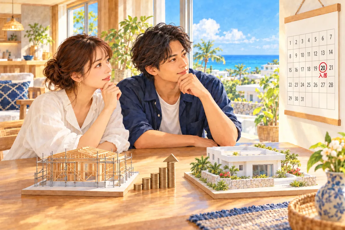 沖縄の明るいリビングで、若い夫婦が、建築中の家と完成した家の模型、積み上がっていくコインを前に、入居の日に赤丸をつけたカレンダーを見ながら考えている様子
