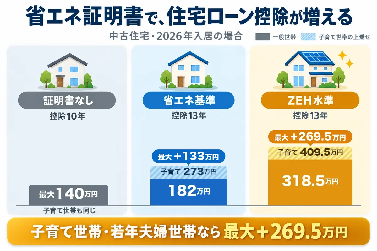 省エネ証明書で住宅ローン控除が増える（中古住宅・2026年入居）。証明書なしは控除10年・最大140万円（子育て世帯も同じ）。省エネ基準は控除13年・182万円、子育て世帯は273万円で、証明書なしより最大＋133万円。ZEH水準は控除13年・318.5万円、子育て世帯は409.5万円で、最大＋269.5万円。子育て世帯・若年夫婦世帯なら最大＋269.5万円