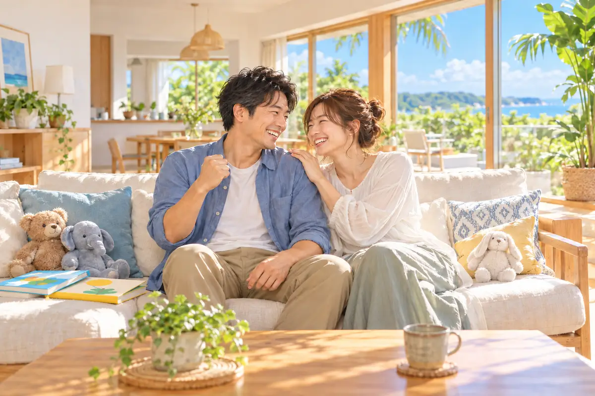 リノベーションした明るいリビングのソファで、顔を寄せ合って喜ぶ夫婦