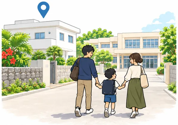 通わせたい学区に住めるイラスト。地図のピンが立つ白い住宅から、親子が手をつないで近くの小学校へ歩いている