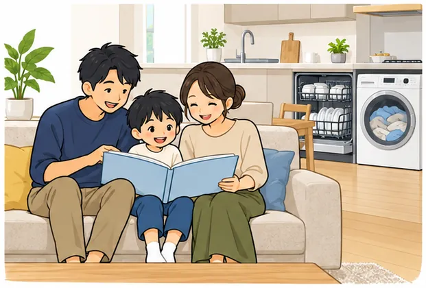 子どもと過ごす時間のイラスト。食洗機と洗濯乾燥機が動くそばで、両親と子どもがソファで絵本を読んでいる