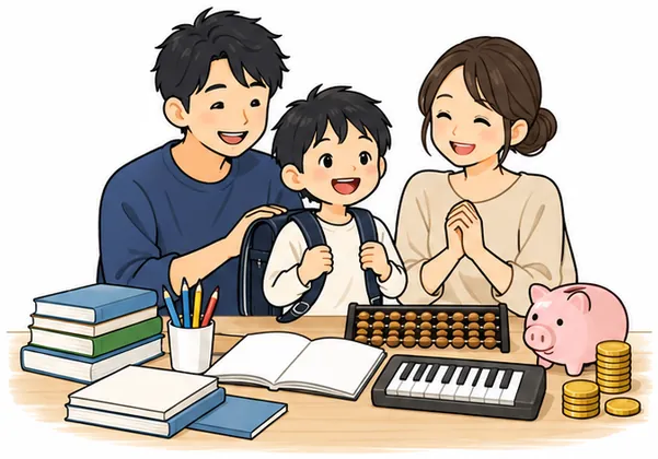 教育費にゆとりのイラスト。ランドセルを背負った子どもと両親、机の上に本・そろばん・鍵盤などの習い事の道具と、豚の貯金箱と硬貨