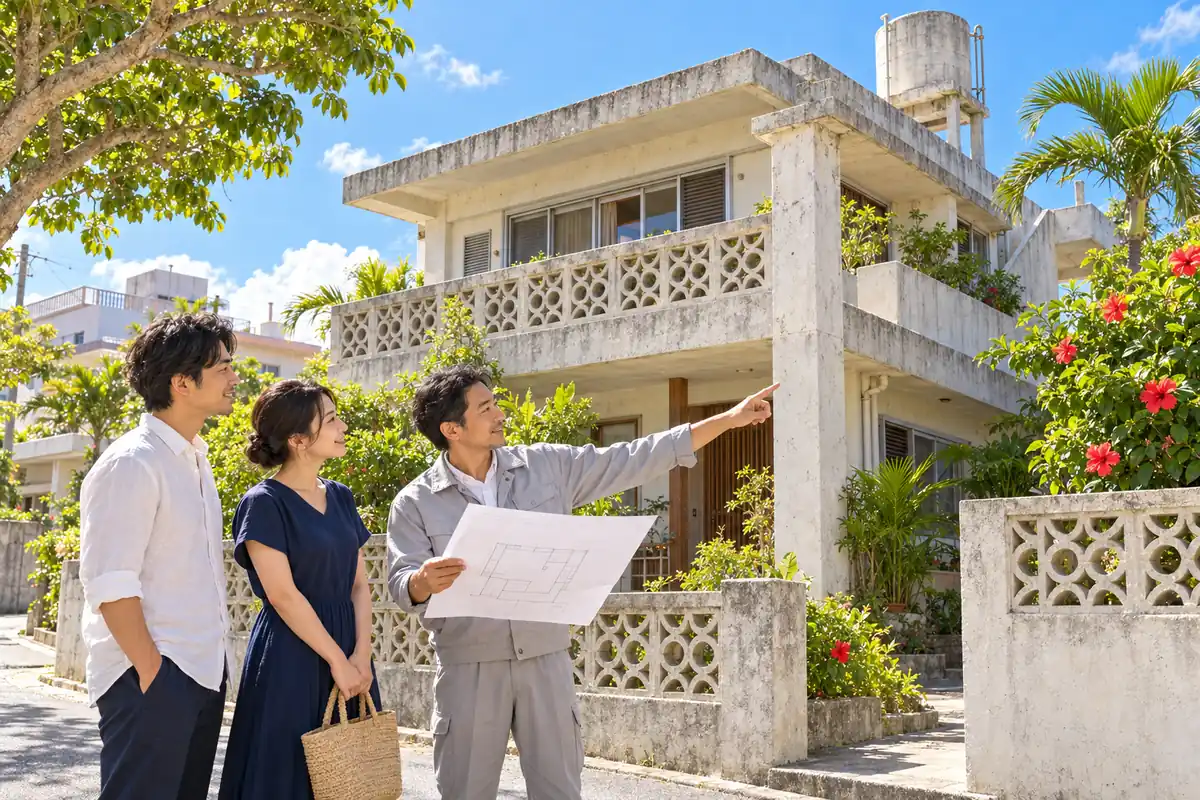 沖縄の古い鉄筋コンクリート造の住宅の前で、建築士が図面を広げて若い夫婦に柱や壁を説明している様子