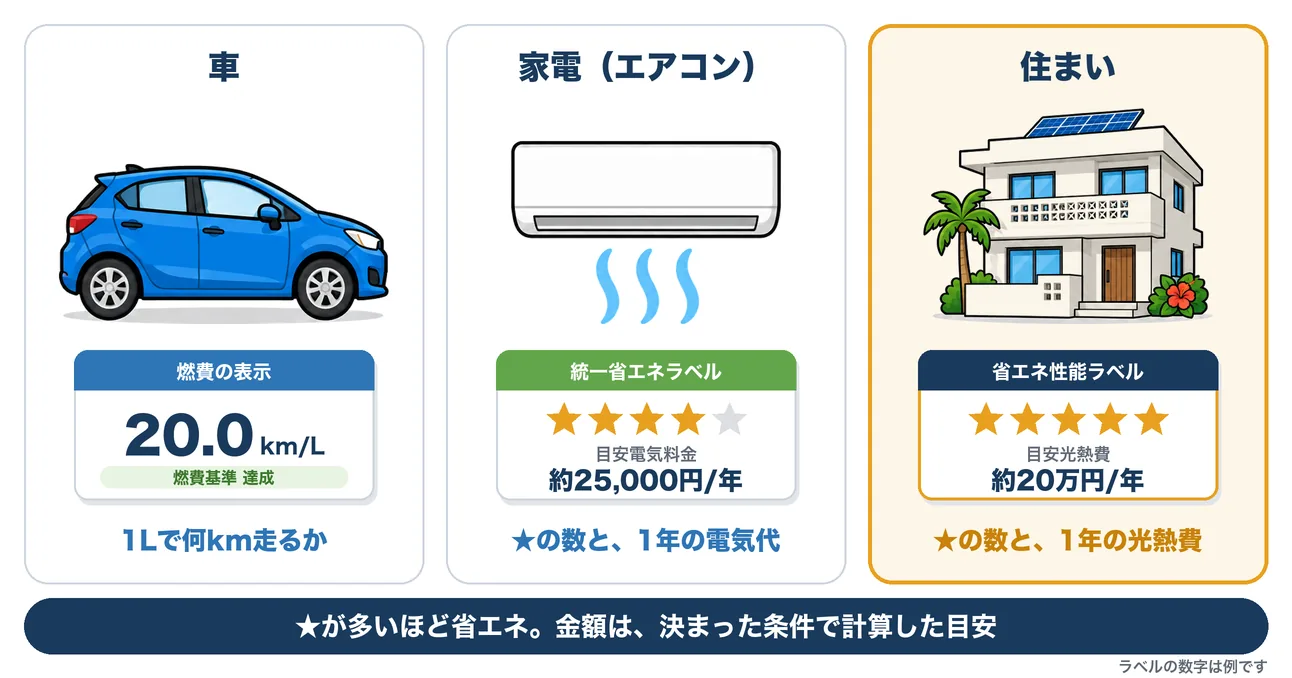 車・家電・住まいのラベルを並べたイラスト。車は燃費の表示（例：燃費20.0km/L、燃費基準達成）で、1Lで何km走るかを見る。家電（エアコン）は統一省エネラベル（例：★4つ、目安電気料金 約25,000円/年）で、★の数と1年の電気代を見る。住まいは省エネ性能ラベル（例：★5つ、目安光熱費 約20万円/年）で、★の数と1年の光熱費を見る。★が多いほど省エネ。金額は、決まった条件で計算した目安。ラベルの数字は例