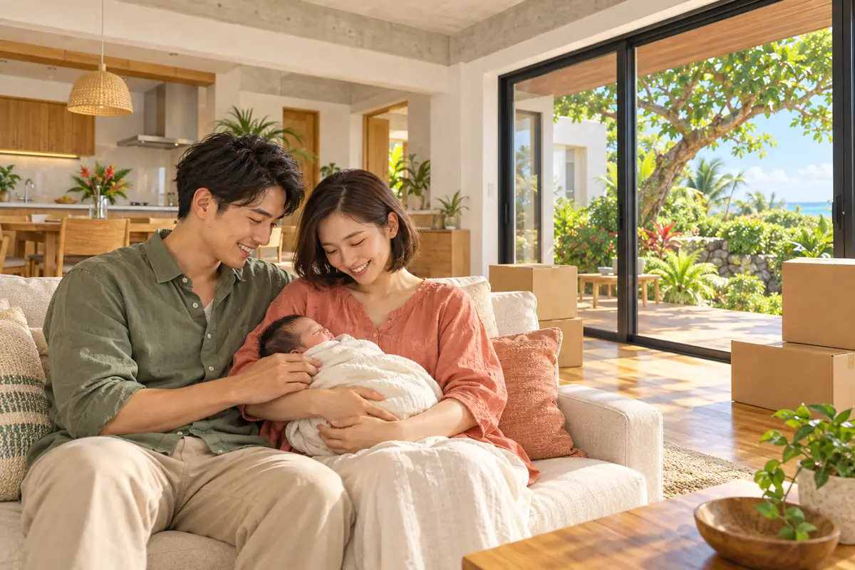沖縄のコンクリートの新しい家のリビングで、若い夫婦が生まれたばかりの赤ちゃんを抱いている様子