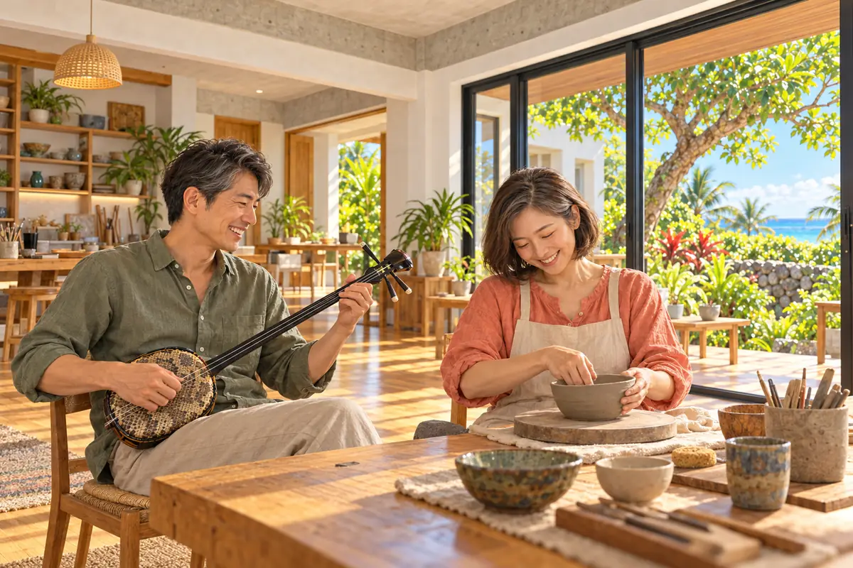 子どもが独立したあと、部屋をつなげた趣味の場で、夫が三線を弾き、妻が陶芸を楽しんでいる様子