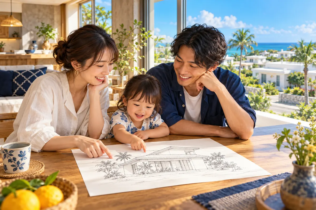沖縄の明るい住まいで、若い夫婦と子どもが家のスケッチを見ながら、これからの住まいについて話している様子