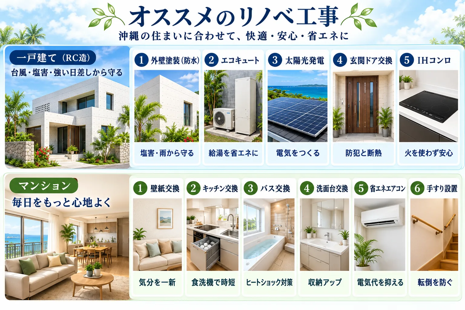 オススメのリノベ工事。一戸建て（RC造）：外壁塗装（防水）、エコキュート、太陽光発電、玄関ドア交換、IHコンロ。マンション：壁紙交換、キッチン交換、バス交換、洗面台交換、省エネエアコン、手すり設置