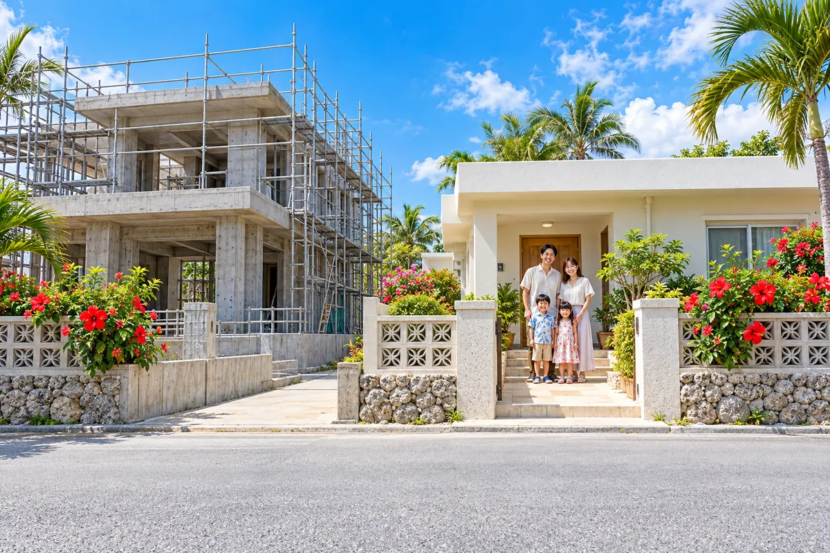 沖縄の住宅街。左は足場に囲まれて建築中の鉄筋コンクリート造の新築の家、右はリノベーションで明るい外壁になった平屋の家で、家族4人が玄関先で笑っている