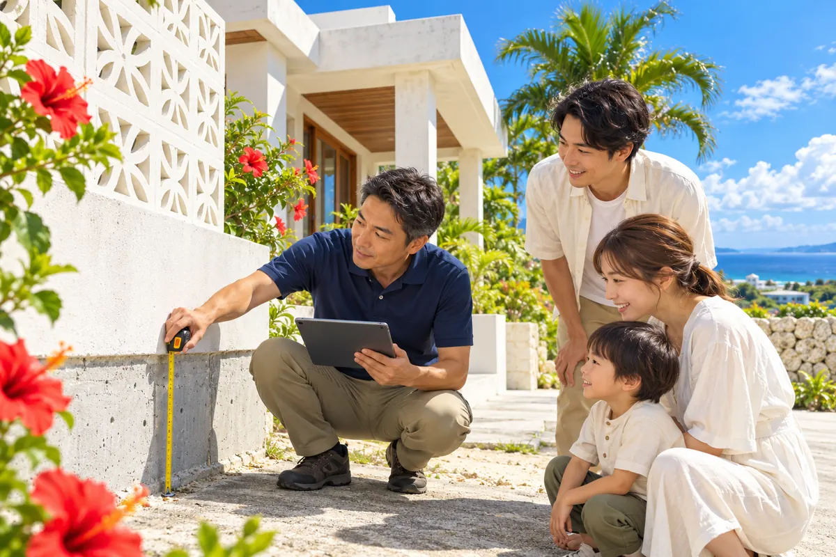 一級建築士が沖縄の中古住宅（鉄筋コンクリート造）の外壁と基礎を検査し、購入を考えている家族が説明を聞いている様子