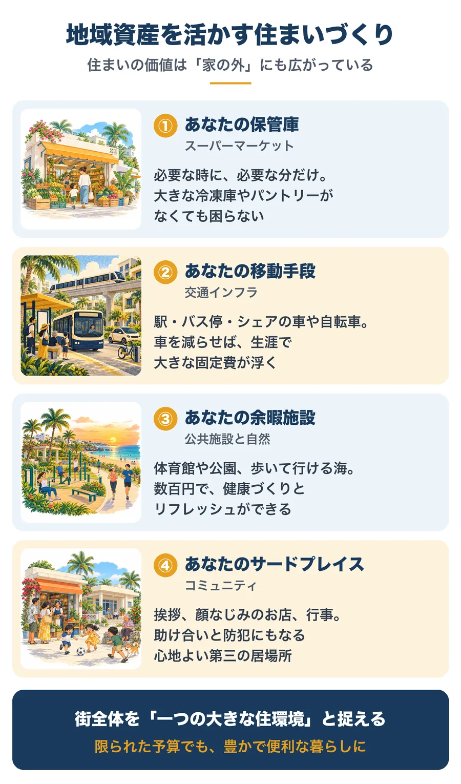地域資産を活かす住まいづくり。住まいの価値は「家の外」にも広がっている。①あなたの保管庫：スーパーマーケット。必要な時に必要な分だけ、大きな冷凍庫やパントリーがなくても困らない。②あなたの移動手段：交通インフラ。駅・バス停・シェアの車や自転車で、車を減らせば生涯で大きな固定費が浮く。③あなたの余暇施設：公共施設と自然。体育館や公園、歩いて行ける海で、数百円で健康づくりとリフレッシュができる。④あなたのサードプレイス：コミュニティ。挨拶、顔なじみのお店、行事が、助け合いと防犯にもなる心地よい第三の居場所。街全体を「一つの大きな住環境」と捉えれば、限られた予算でも豊かで便利な暮らしに
