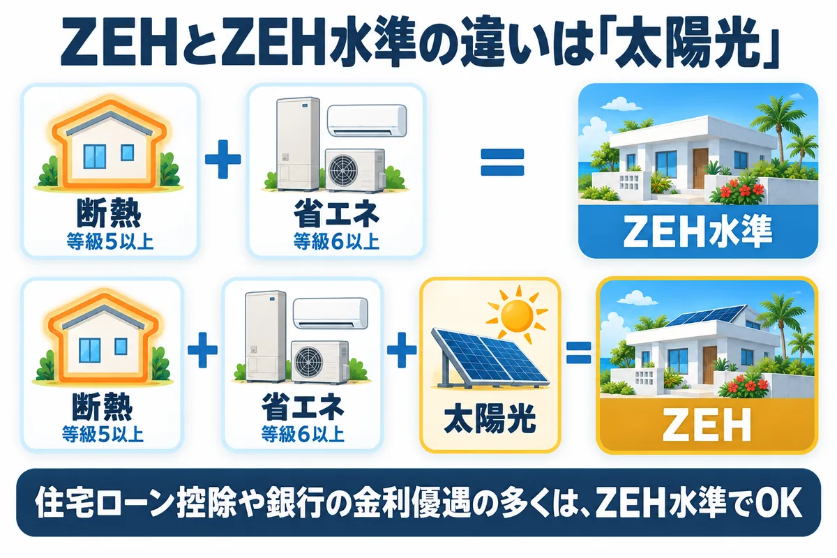 ZEHとZEH水準の違いは「太陽光」。断熱（等級5以上）＋省エネ（等級6以上）＝ZEH水準。断熱＋省エネ＋太陽光＝ZEH。住宅ローン控除や銀行の金利優遇の多くは、ZEH水準でOK